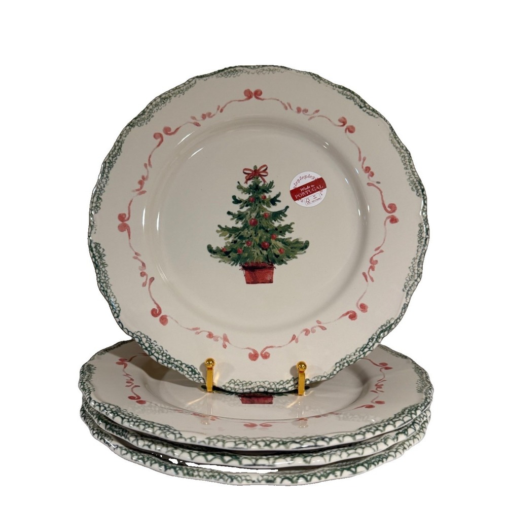 MATCERAMICA Portugal Christmas Tree Dinner Plates 11in Ceramic Set of 4 NEW